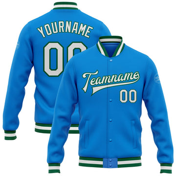 FUNSTUFFPRINT Custom Powder Blue White-Kelly Green Bomber Full-Snap Varsity Letterman Jacket 3D Baseball Jacket