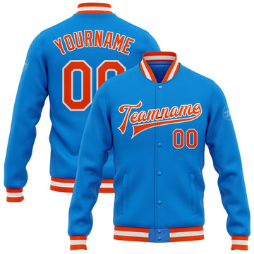 FUNSTUFFPRINT Custom Powder Blue Orange-White Bomber Full-Snap Varsity Letterman Jacket 3D Baseball Jacket