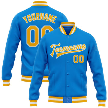 FUNSTUFFPRINT Custom Powder Blue Gold-White Bomber Full-Snap Varsity Letterman Jacket 3D Baseball Jacket