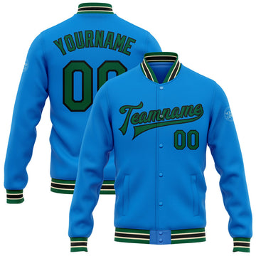 FUNSTUFFPRINT Custom Powder Blue Kelly Green Black-Cream Bomber Full-Snap Varsity Letterman Jacket 3D Baseball Jacket
