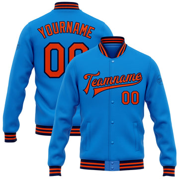 FUNSTUFFPRINT Custom Powder Blue Orange-Navy Bomber Full-Snap Varsity Letterman Jacket 3D Baseball Jacket