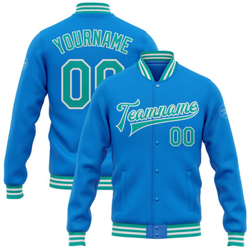 FUNSTUFFPRINT Custom Powder Blue Aqua-White Bomber Full-Snap Varsity Letterman Jacket 3D Baseball Jacket