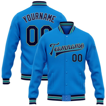 FUNSTUFFPRINT Custom Powder Blue Navy Gray-Teal Bomber Full-Snap Varsity Letterman Jacket 3D Baseball Jacket
