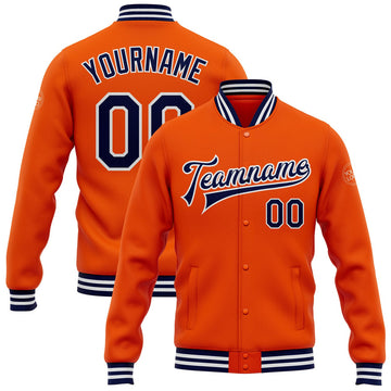 FUNSTUFFPRINT Custom Orange Navy-White Bomber Full-Snap Varsity Letterman Jacket 3D Baseball Jacket