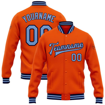FUNSTUFFPRINT Custom Orange Light Blue-Navy Bomber Full-Snap Varsity Letterman Jacket 3D Baseball Jacket