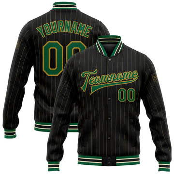 FUNSTUFFPRINT Custom Black Old Gold Pinstripe Kelly Green-Cream Bomber Full-Snap Varsity Letterman Jacket 3D Baseball Jacket