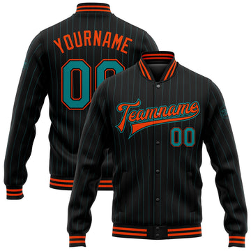FUNSTUFFPRINT Custom Black Teal Pinstripe Orange Bomber Full-Snap Varsity Letterman Jacket 3D Baseball Jacket