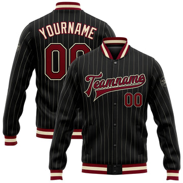 FUNSTUFFPRINT Custom Black Cream Pinstripe Maroon Bomber Full-Snap Varsity Letterman Jacket 3D Baseball Jacket