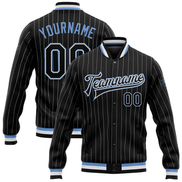 FUNSTUFFPRINT Custom Black White Pinstripe Light Blue Bomber Full-Snap Varsity Letterman Jacket 3D Baseball Jacket