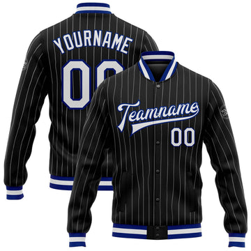FUNSTUFFPRINT Custom Black White Pinstripe Royal Bomber Full-Snap Varsity Letterman Jacket 3D Baseball Jacket