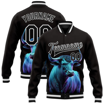FUNSTUFFPRINT Custom Black White A Blue Bull With Blue Horns 3D Pattern Design Bomber Full-Snap Varsity Letterman Jacket 3D Baseball Jacket