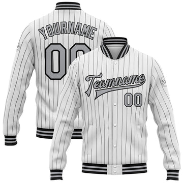 FUNSTUFFPRINT Custom White Black Pinstripe Gray Bomber Full-Snap Varsity Letterman Jacket 3D Baseball Jacket