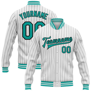 FUNSTUFFPRINT Custom White Black Pinstripe Aqua Bomber Full-Snap Varsity Letterman Jacket 3D Baseball Jacket