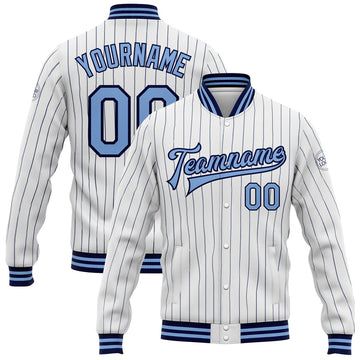 FUNSTUFFPRINT Custom White Navy Pinstripe Light Blue Bomber Full-Snap Varsity Letterman Jacket 3D Baseball Jacket