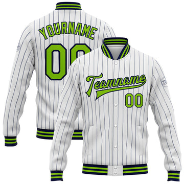 FUNSTUFFPRINT Custom White Navy Pinstripe Neon Green Bomber Full-Snap Varsity Letterman Jacket 3D Baseball Jacket