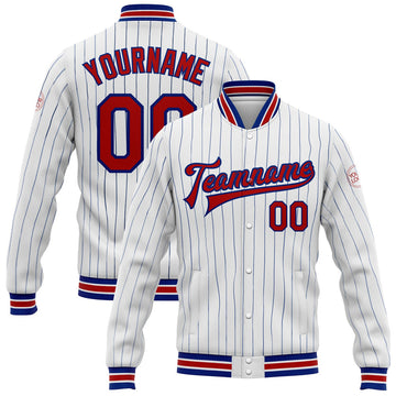 FUNSTUFFPRINT Custom White Royal Pinstripe Red Bomber Full-Snap Varsity Letterman Jacket 3D Baseball Jacket