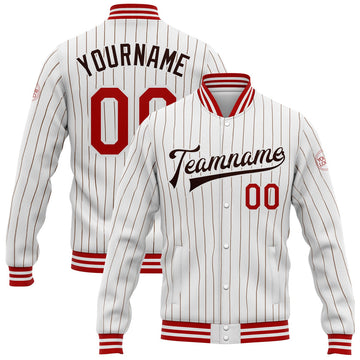 FUNSTUFFPRINT Custom White Brown Pinstripe Red Bomber Full-Snap Varsity Letterman Jacket 3D Baseball Jacket