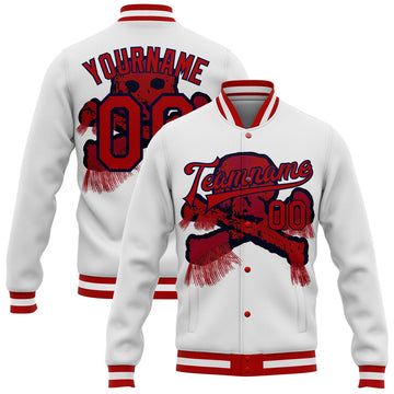 FUNSTUFFPRINT Custom White Red-Navy Skull Fashion 3D Bomber Full-Snap Varsity Letterman Jacket 3D Baseball Jacket