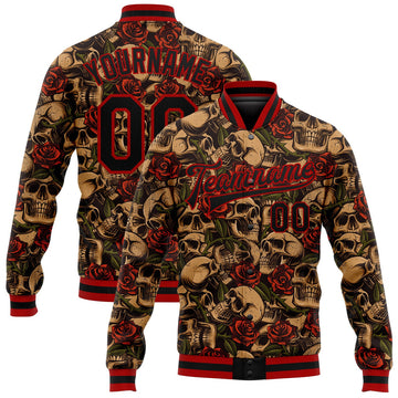FUNSTUFFPRINT Custom Black Red Rose Skull Fashion 3D Bomber Full-Snap Varsity Letterman Jacket 3D Baseball Jacket