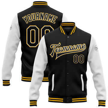 FUNSTUFFPRINT Custom Black White-Gold Bomber Full-Snap Varsity Letterman Two Tone Jacket 3D Baseball Jacket