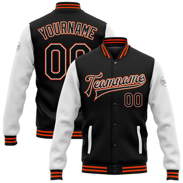FUNSTUFFPRINT Custom Black White-Orange Bomber Full-Snap Varsity Letterman Two Tone Jacket 3D Baseball Jacket