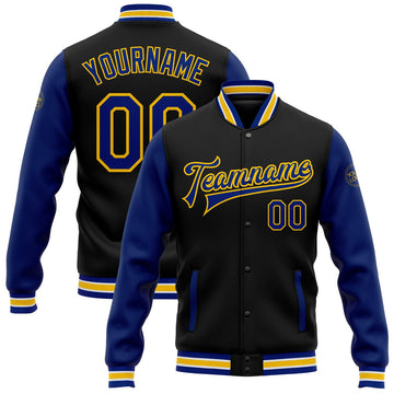 FUNSTUFFPRINT Custom Black Royal-Yellow Bomber Full-Snap Varsity Letterman Two Tone Jacket 3D Baseball Jacket