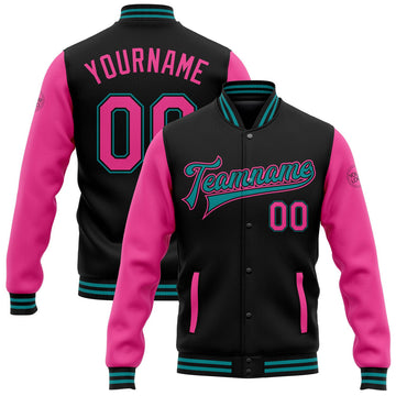 FUNSTUFFPRINT Custom Black Pink-Teal Bomber Full-Snap Varsity Letterman Two Tone Jacket 3D Baseball Jacket