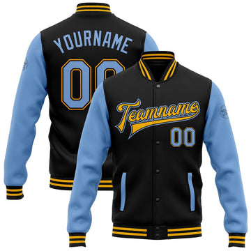 FUNSTUFFPRINT Custom Black Light Blue-Gold Bomber Full-Snap Varsity Letterman Two Tone Jacket 3D Baseball Jacket