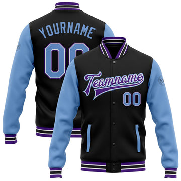 FUNSTUFFPRINT Custom Black Light Blue-Purple Bomber Full-Snap Varsity Letterman Two Tone Jacket 3D Baseball Jacket