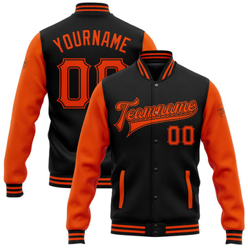 FUNSTUFFPRINT Custom Black Orange Bomber Full-Snap Varsity Letterman Two Tone Jacket 3D Baseball Jacket