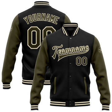 FUNSTUFFPRINT Custom Black Olive-Cream Bomber Full-Snap Varsity Letterman Two Tone Jacket 3D Baseball Jacket