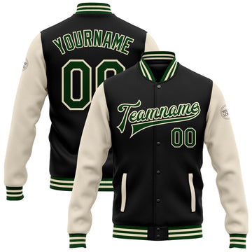 FUNSTUFFPRINT Custom Black Green-Cream Bomber Full-Snap Varsity Letterman Two Tone Jacket 3D Baseball Jacket