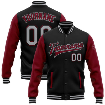 FUNSTUFFPRINT Custom Black Gray-Crimson Bomber Full-Snap Varsity Letterman Two Tone Jacket 3D Baseball Jacket