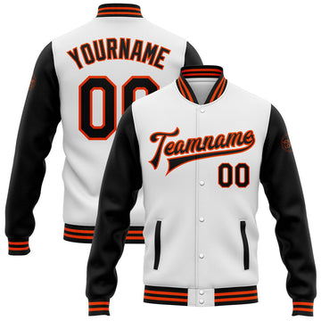 FUNSTUFFPRINT Custom White Black-Orange Bomber Full-Snap Varsity Letterman Two Tone Jacket 3D Baseball Jacket