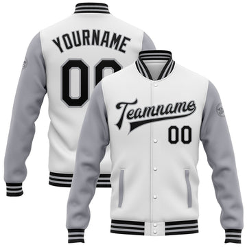 FUNSTUFFPRINT Custom White Black-Gray Bomber Full-Snap Varsity Letterman Two Tone Jacket 3D Baseball Jacket