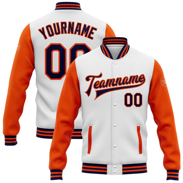 FUNSTUFFPRINT Custom White Navy-Orange Bomber Full-Snap Varsity Letterman Two Tone Jacket 3D Baseball Jacket