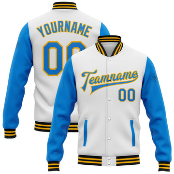FUNSTUFFPRINT Custom White Powder Blue Gold-Black Bomber Full-Snap Varsity Letterman Two Tone Jacket 3D Baseball Jacket