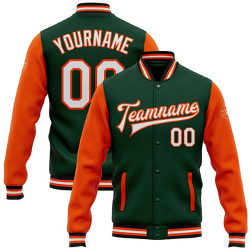 FUNSTUFFPRINT Custom Green White Orange-Black Bomber Full-Snap Varsity Letterman Two Tone Jacket 3D Baseball Jacket
