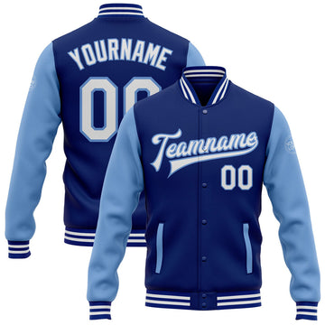 FUNSTUFFPRINT Custom Royal White-Light Blue Bomber Full-Snap Varsity Letterman Two Tone Jacket 3D Baseball Jacket