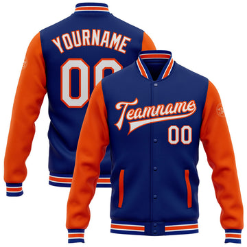 FUNSTUFFPRINT Custom Royal White-Orange Bomber Full-Snap Varsity Letterman Two Tone Jacket 3D Baseball Jacket