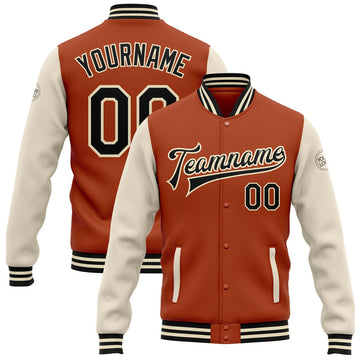 FUNSTUFFPRINT Custom Texas Orange Black-Cream Bomber Full-Snap Varsity Letterman Two Tone Jacket 3D Baseball Jacket