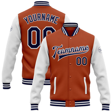FUNSTUFFPRINT Custom Texas Orange Navy-White Bomber Full-Snap Varsity Letterman Two Tone Jacket 3D Baseball Jacket