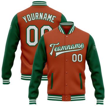 FUNSTUFFPRINT Custom Texas Orange White-Kelly Green Bomber Full-Snap Varsity Letterman Two Tone Jacket 3D Baseball JacketB