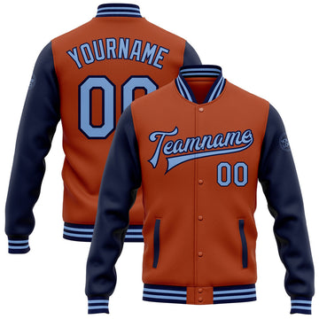 FUNSTUFFPRINT Custom Texas Orange Light Blue-Navy Bomber Full-Snap Varsity Letterman Two Tone Jacket 3D Baseball Jacket