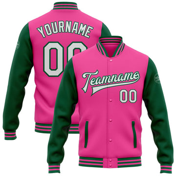 FUNSTUFFPRINT Custom Pink White-Kelly Green Bomber Full-Snap Varsity Letterman Two Tone Jacket 3D Baseball Jacket