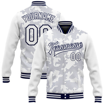 FUNSTUFFPRINT Custom White Navy 3D Pattern Design Bomber Full-Snap Varsity Letterman Jacket 3D Baseball Jacket
