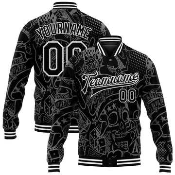 FUNSTUFFPRINT Custom Graffiti Pattern Black-White Skull Fashion 3D Bomber Full-Snap Varsity Letterman Jacket 3D Baseball Jacket