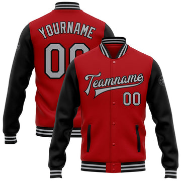 FUNSTUFFPRINT Custom Red Gray-Black Bomber Full-Snap Varsity Letterman Two Tone Jacket 3D Baseball Jacket