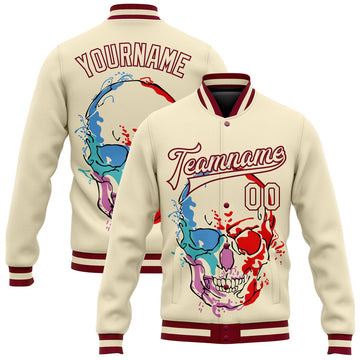 FUNSTUFFPRINT Custom Cream Maroon Skull Fashion 3D Bomber Full-Snap Varsity Letterman Jacket 3D Baseball Jacket