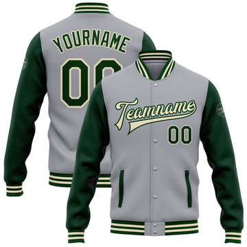 FUNSTUFFPRINT Custom Gray Green-Cream Bomber Full-Snap Varsity Letterman Two Tone Jacket 3D Baseball Jacket
